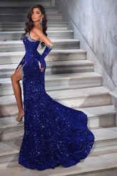 Gorgeous Floor-Length A-Line Strapless Royal Blue Sweetheart Beading Split Front Prom Dresses with Lace